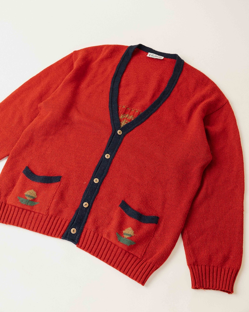 Vintage 80s Aztec Preppy Red Button Up V Neck Cardigan Man