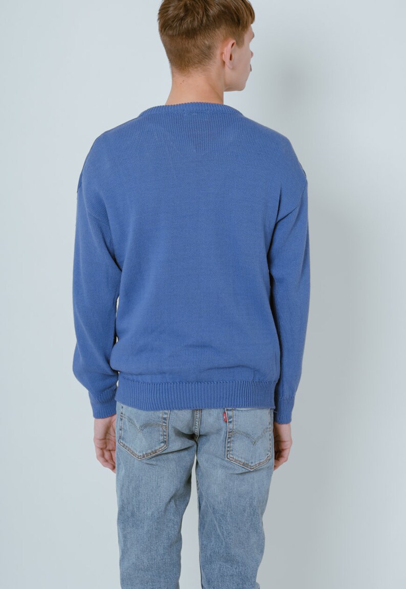 Vintage Minimal Round Neck Cotton Sweater in Blue Knit XS/S