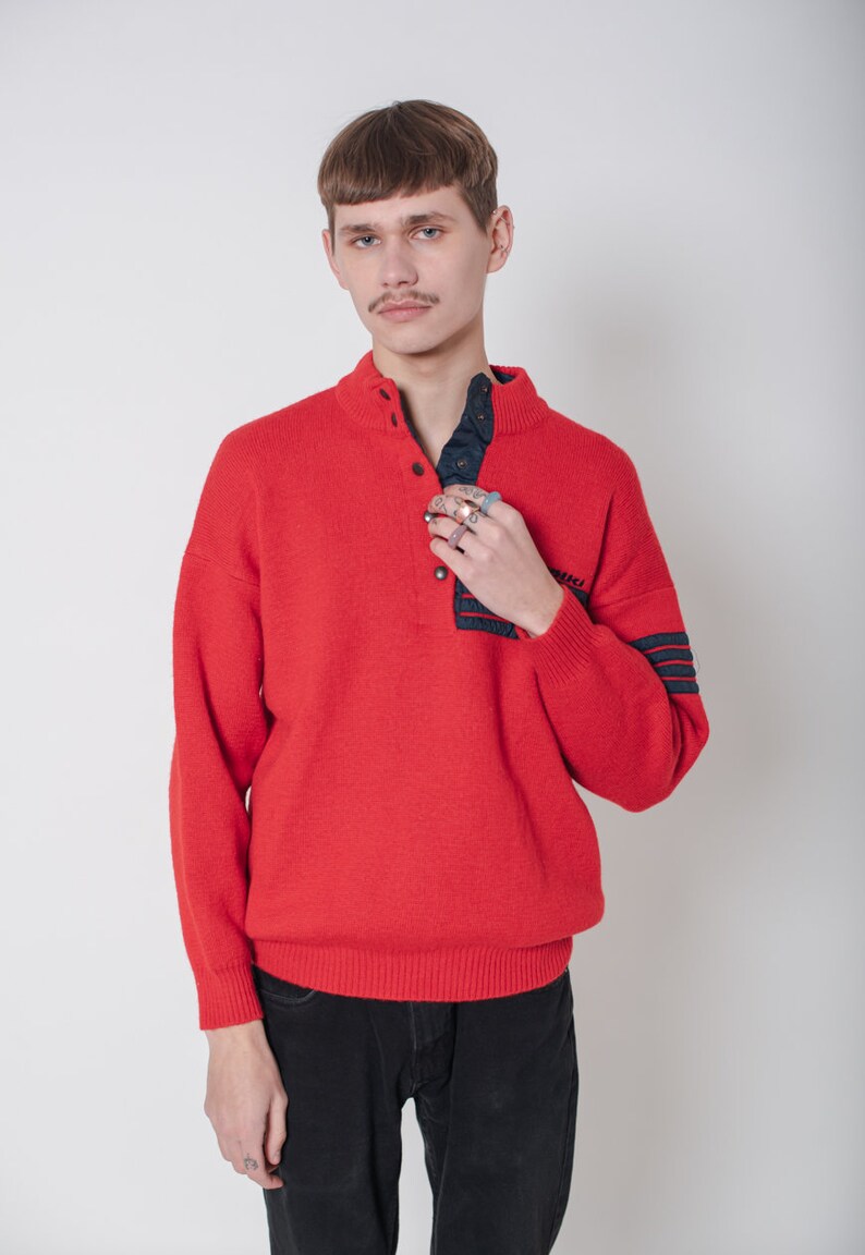 Vintage 90s Popper Fastening Neck Wool Jumper in Red Unisex