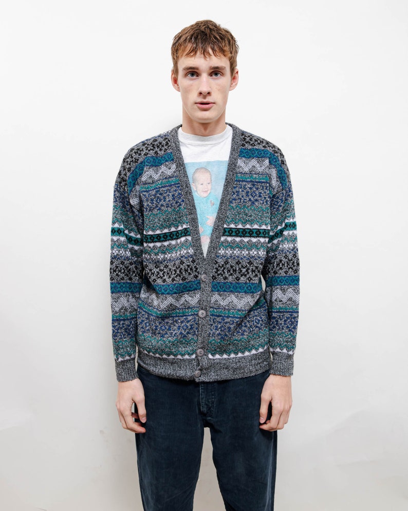 Vintage 80s Grandad Geometric V Neck Button Up Cardigan M