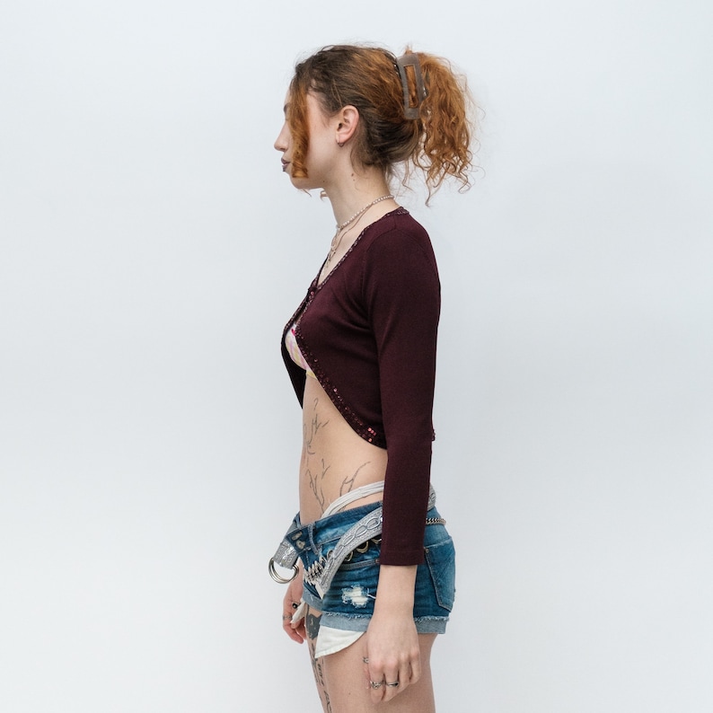 90s Vintage retro embellished tiny cardigan in burgundy