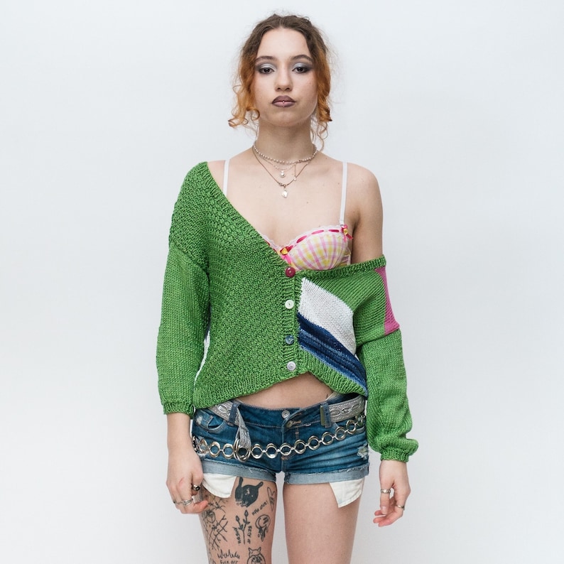 90s Vintage beautiful colorblock crochet cardigan in multi