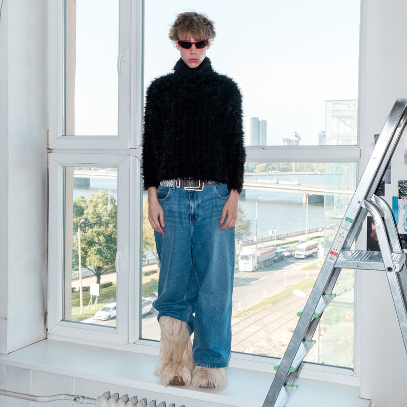 90s Vintage fluffy eyelash yarn turtleneck jumper in black