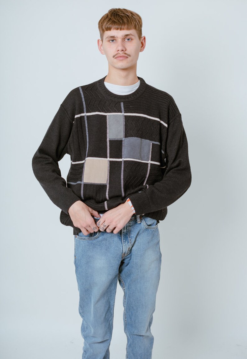 Vintage Round Neck Grandad Wool Sweater in Multi Knit M