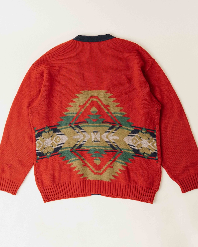 Vintage 80s Aztec Preppy Red Button Up V Neck Cardigan Man