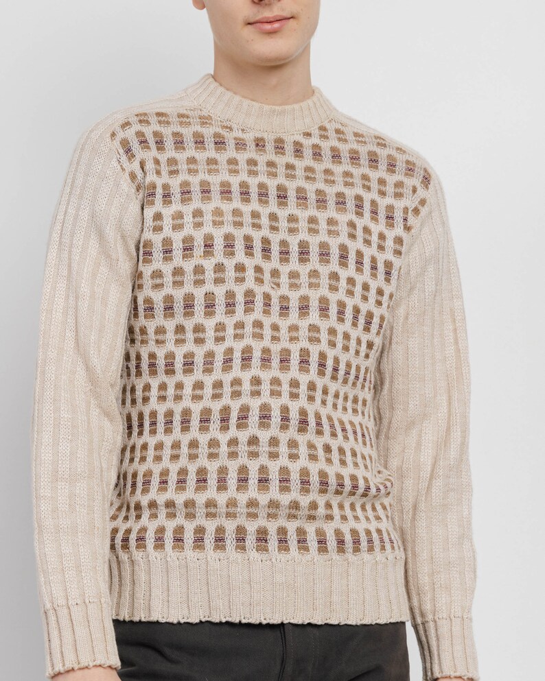 Vintage 80s Abstract Pattern Roundneck Cream Men Jumper S