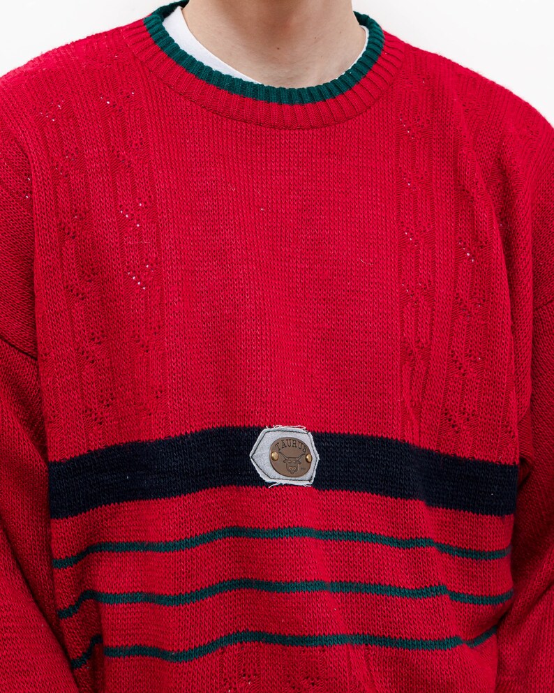 Vintage 80s Red Boxy Striped Taurus Knitted Jumper Men M