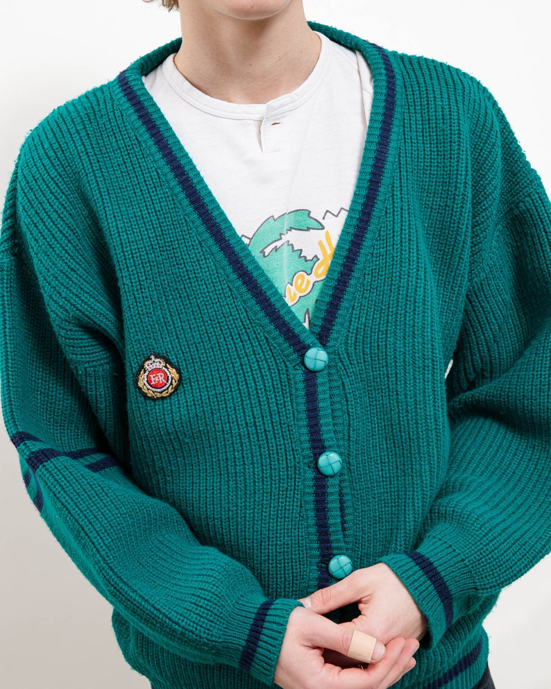 Vintage 90s Preppy Green V Neck Button Up Knit Cardigan M