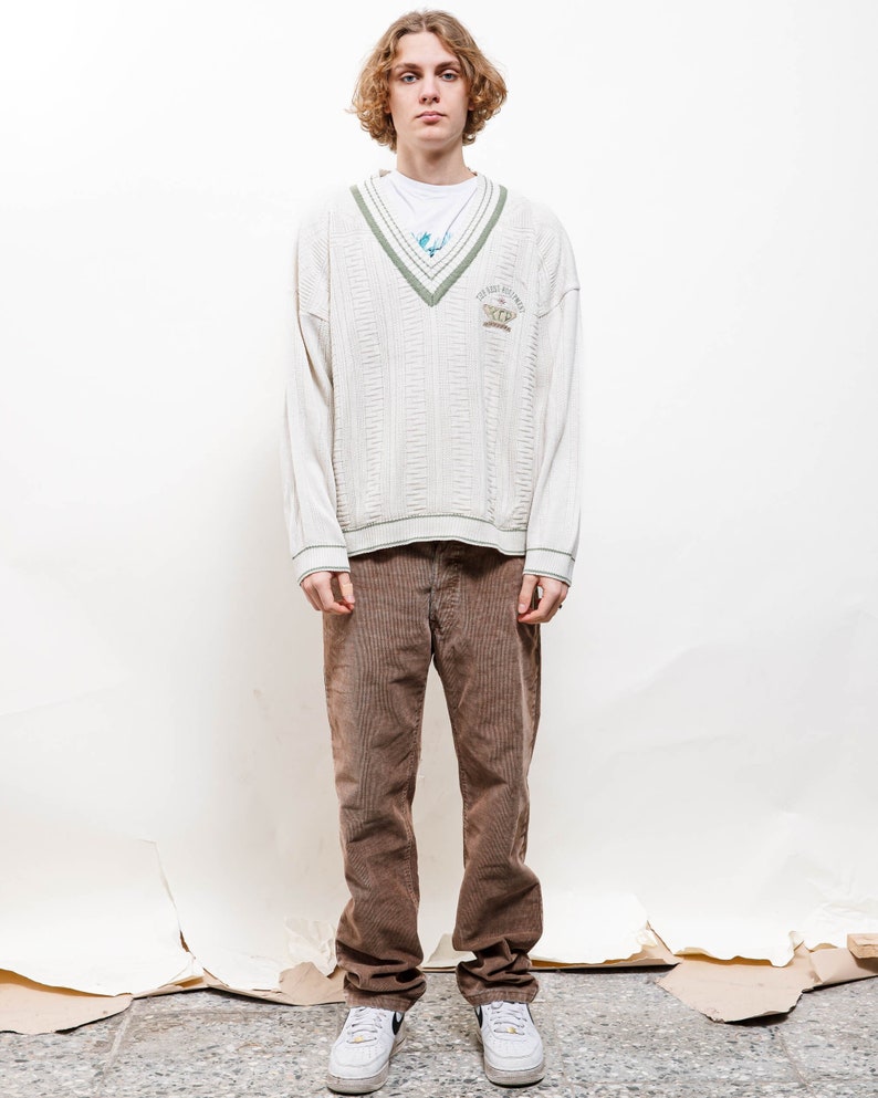 Vintage 80s Cream Embroidery V Neck Textured Knit Jumper L