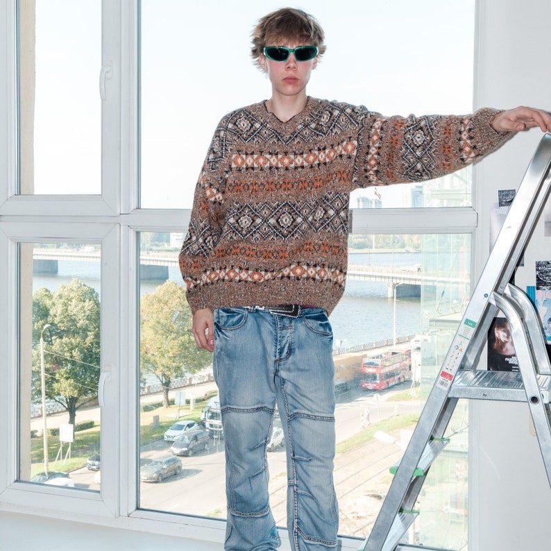 90s Vintage abstract print granpa jumper in earth tones