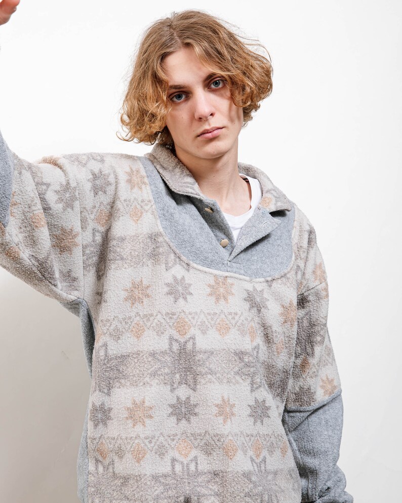 Vintage 80s Nordic Snowflake Half Button Fleece Jumper M
