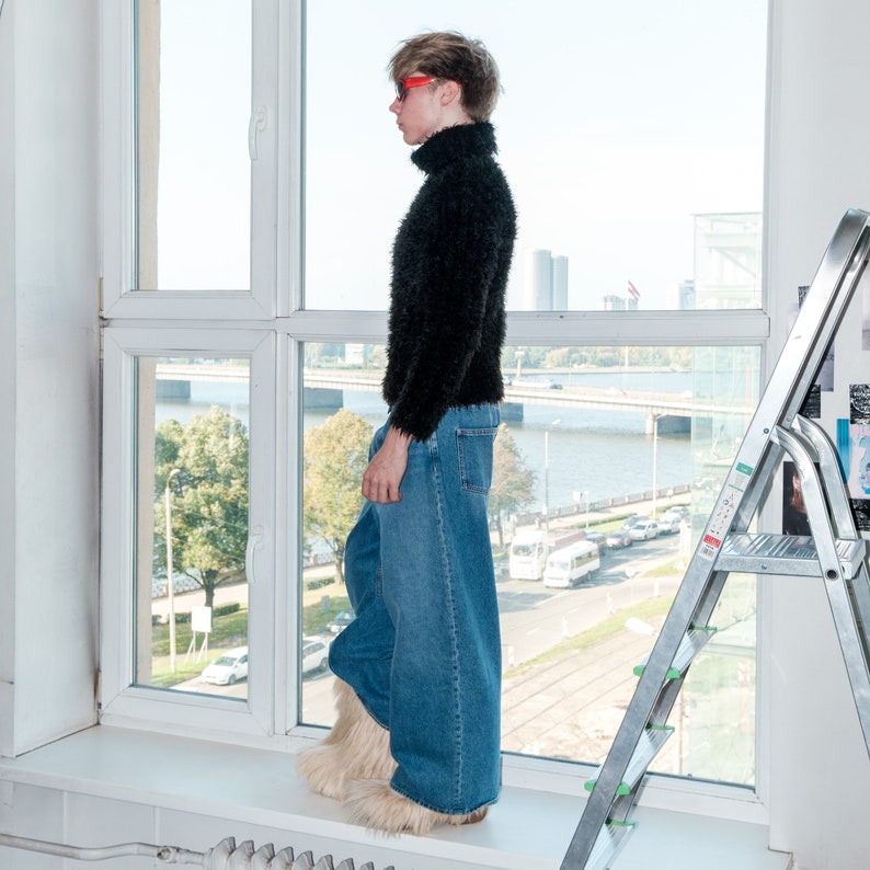 90s Vintage fluffy eyelash yarn turtleneck jumper in black