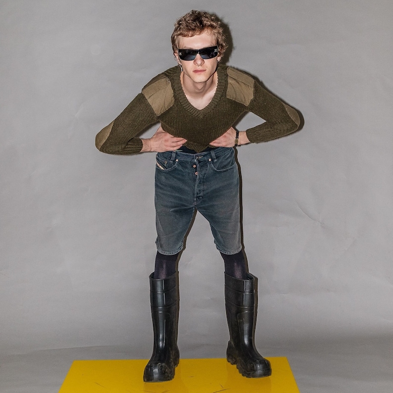 90s Vintage slim fit warm ribbed jumper in army green