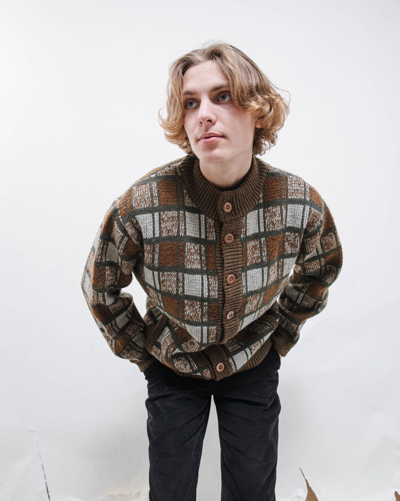 Vintage 90s Boho Check Round Neck Button Up Cardigan Men L