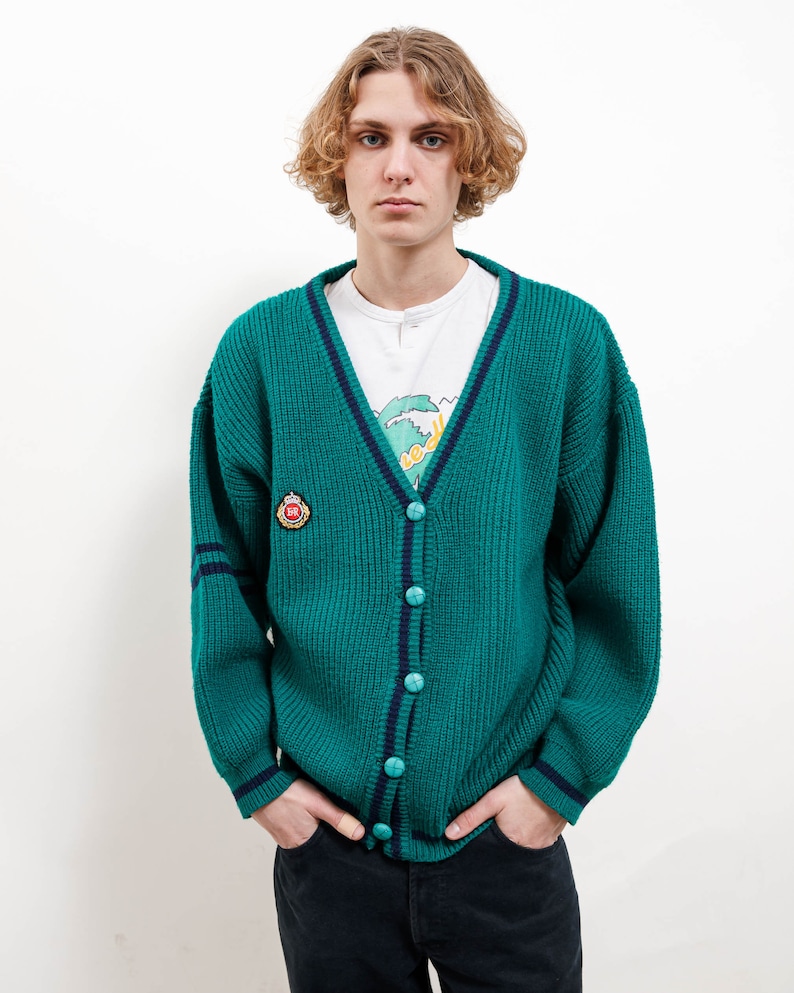 Vintage 90s Preppy Green V Neck Button Up Knit Cardigan M