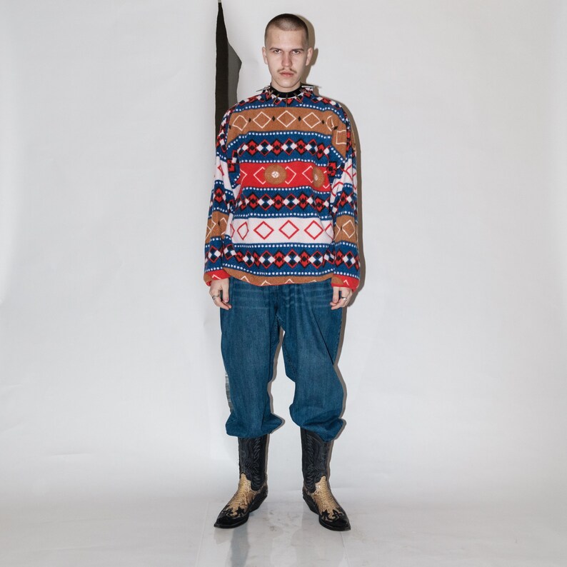 90s Vintage geometric Nordic print warm fleece jumper