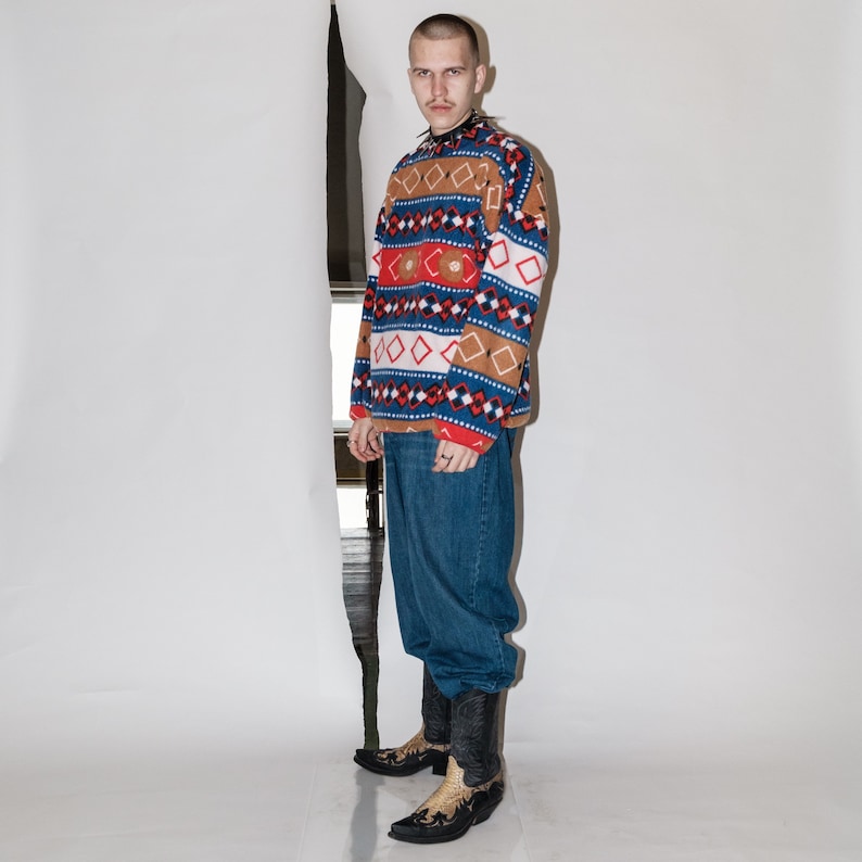 90s Vintage geometric Nordic print warm fleece jumper