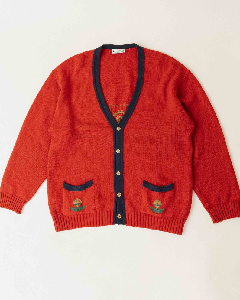 Vintage 80s Aztec Preppy Red Button Up V Neck Cardigan Man
