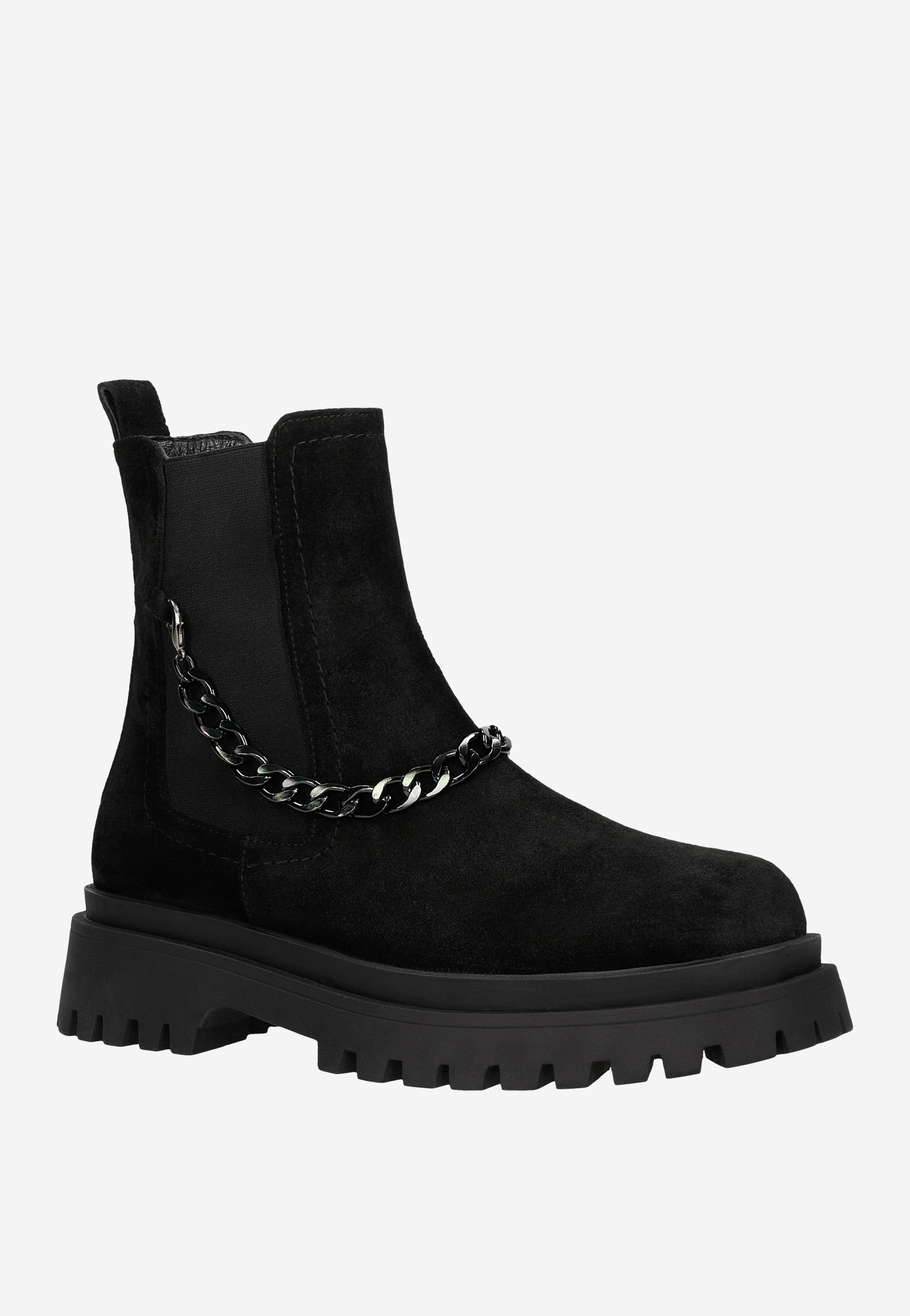 Czarne sztyblety z dwoiny welurowej z odczepianym ozdobnym łańcuchem