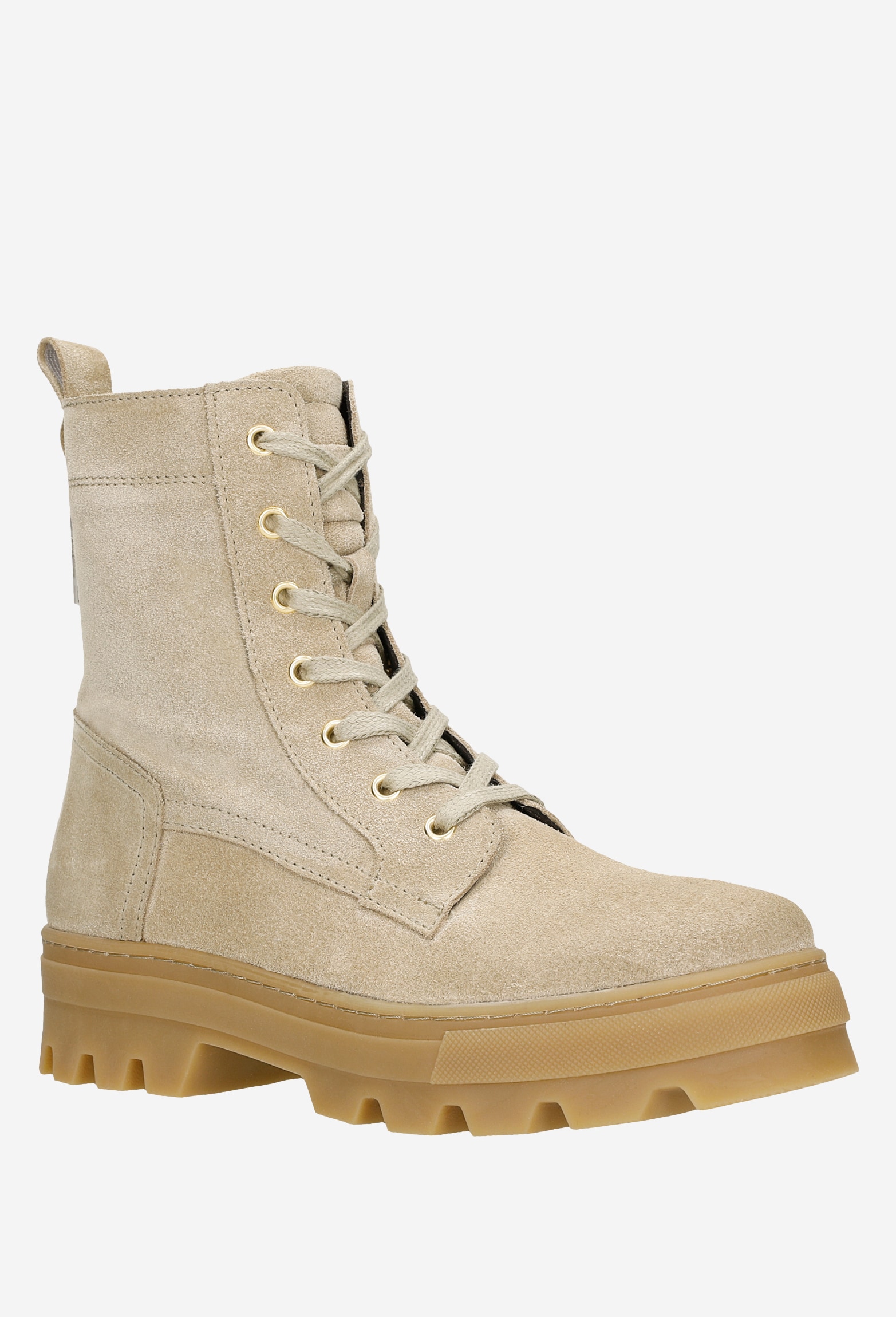 Beżowe trzewiki damskie z dwoiny welurowej na grubej podeszwie