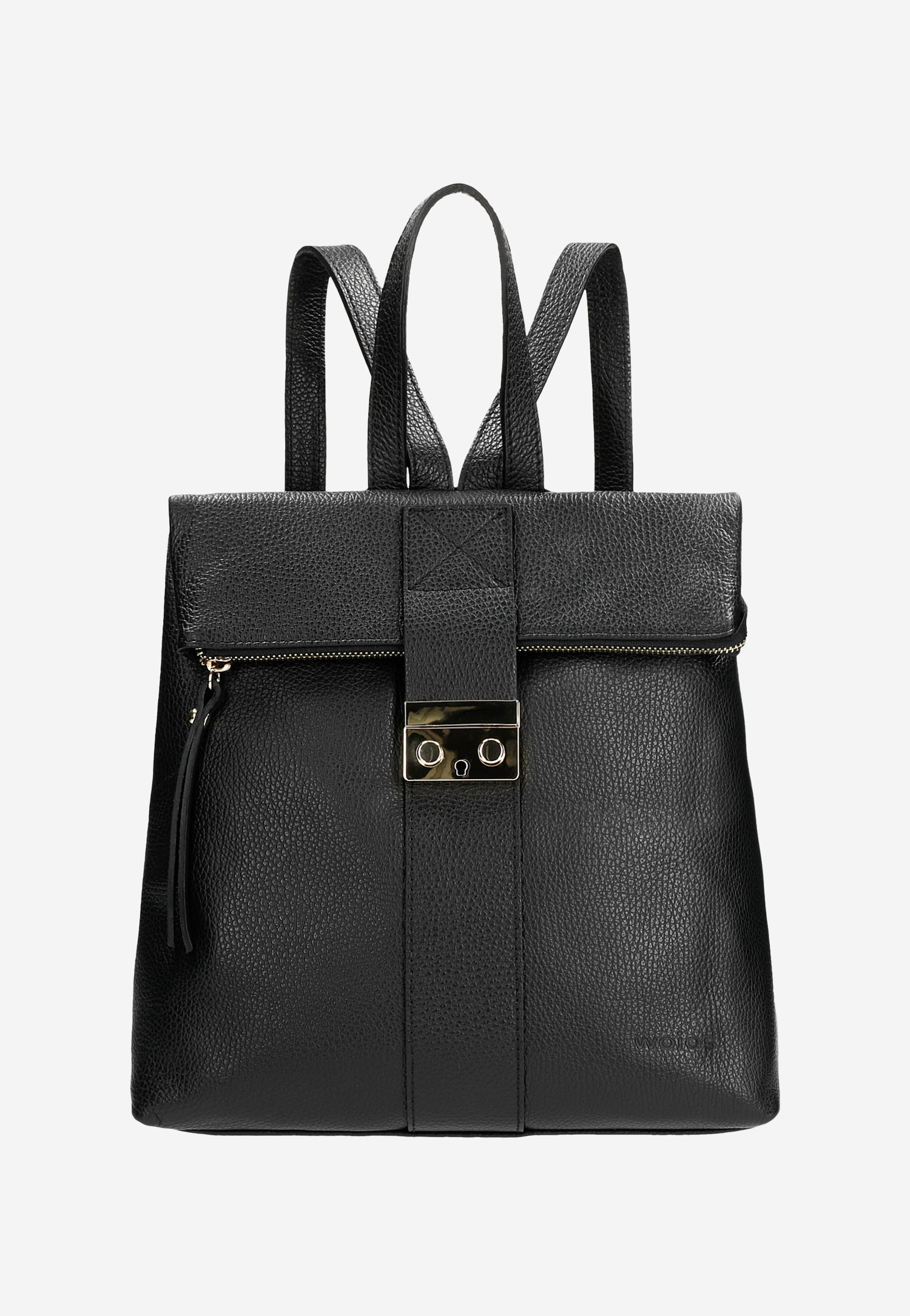 Czarny skórzany plecak damski ze złotymi, metalowymi elementami