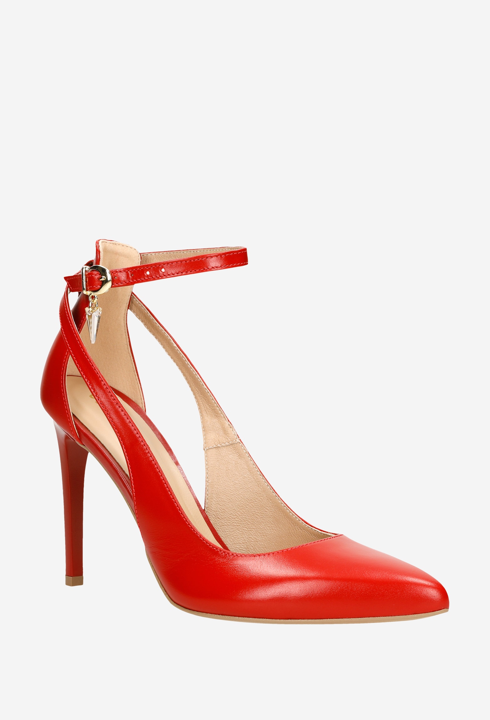 Czerwone szpilki damskie ze skóry licowej z ozdobnym kryształkiem