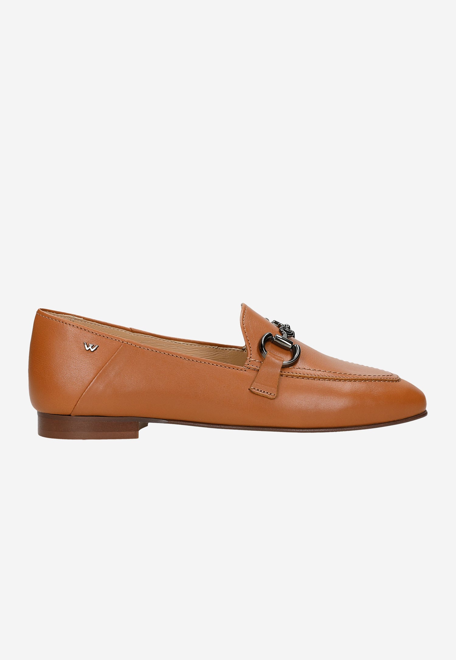 Jasnobrązowe półbuty damskie z metalową ozdobą horsebit