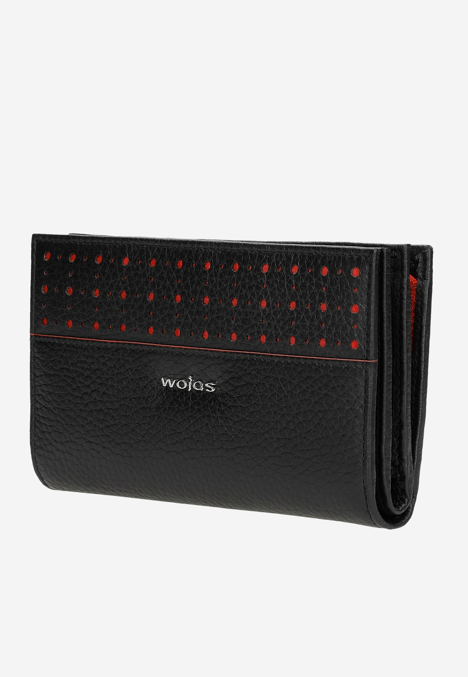 Czarny portfel damski z czerwonymi ozdobnymi kropkami
