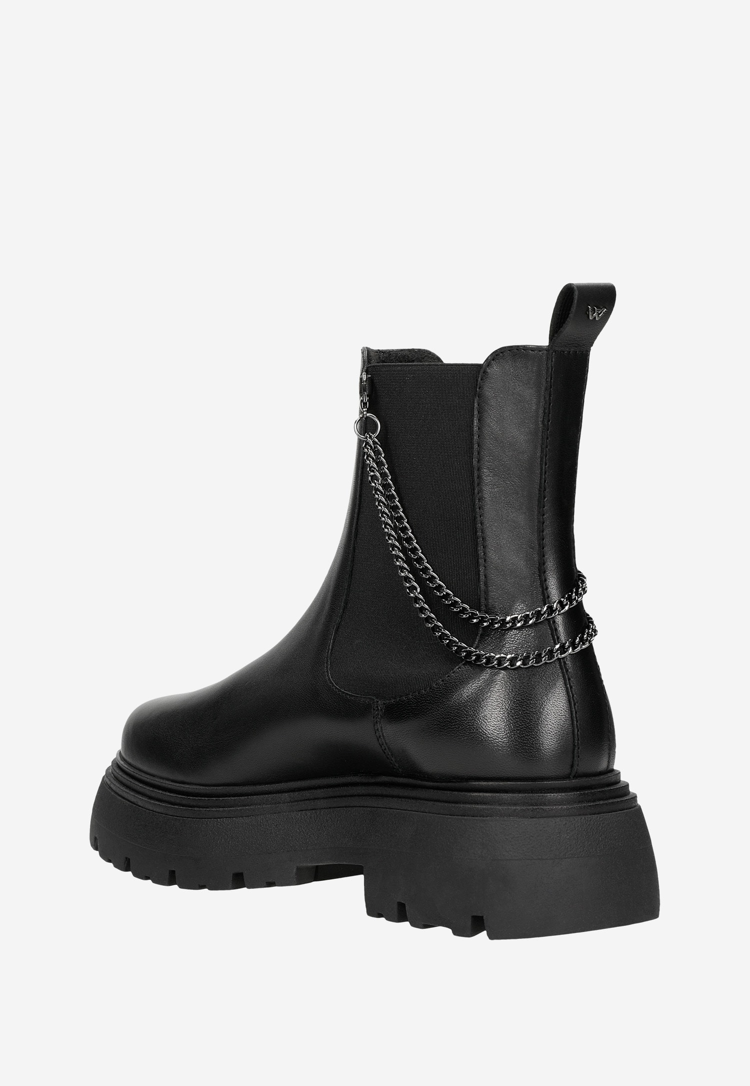 Czarne skórzane botki damskie z odczepianym łańcuchem na masywnej podeszwie