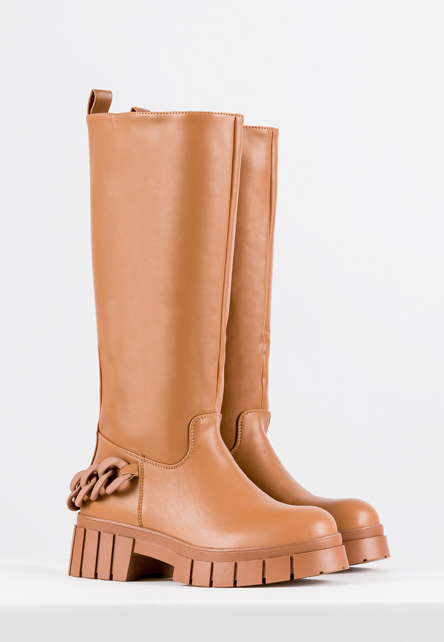 WJS jasnobrązowe kozaki damskie z ozdobnym łańcuchem