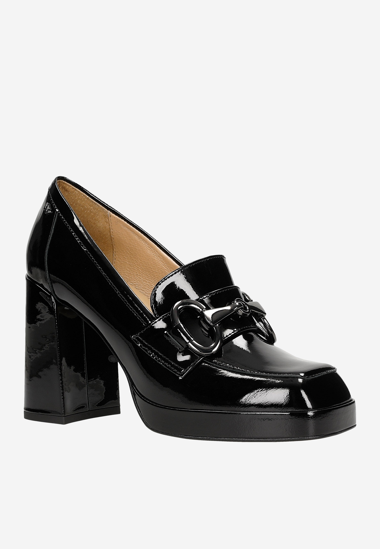 Wysokie lakierowane mokasyny damskie na słupku