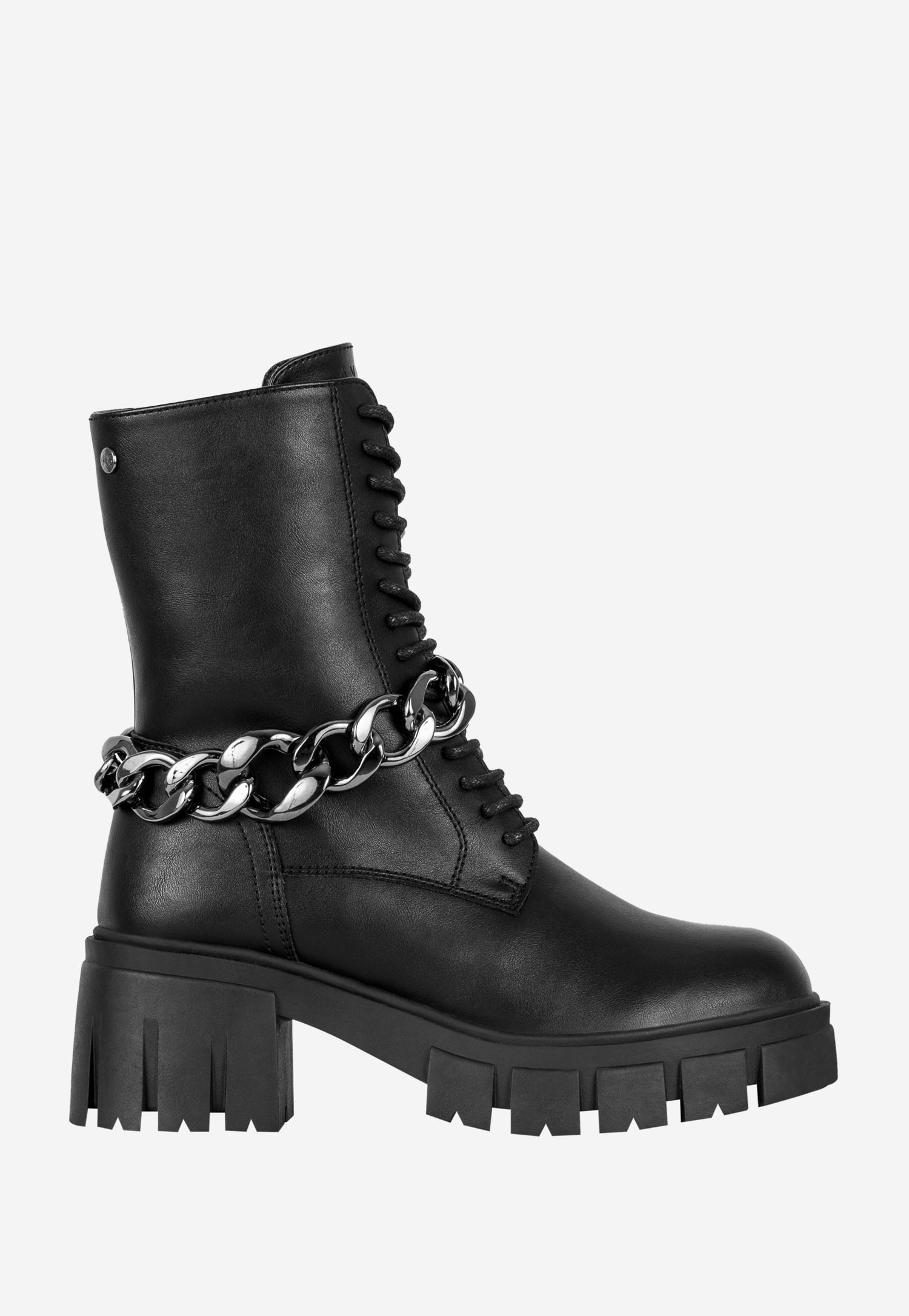 WJS czarne trzewiki damskie z ekoskóry z łańcuchem