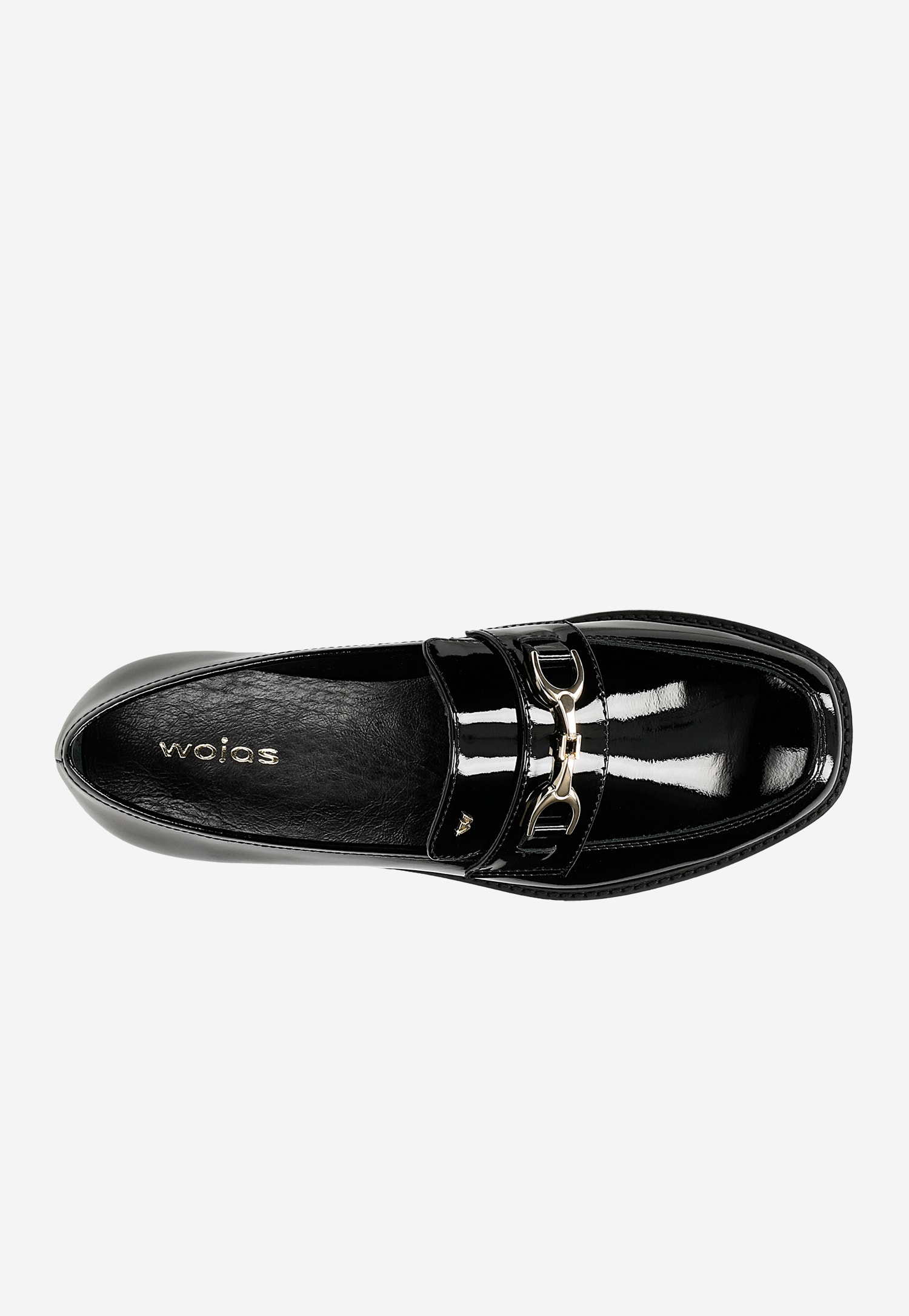 Czarne lakierowane mokasyny damskie ze złotą ozdobą