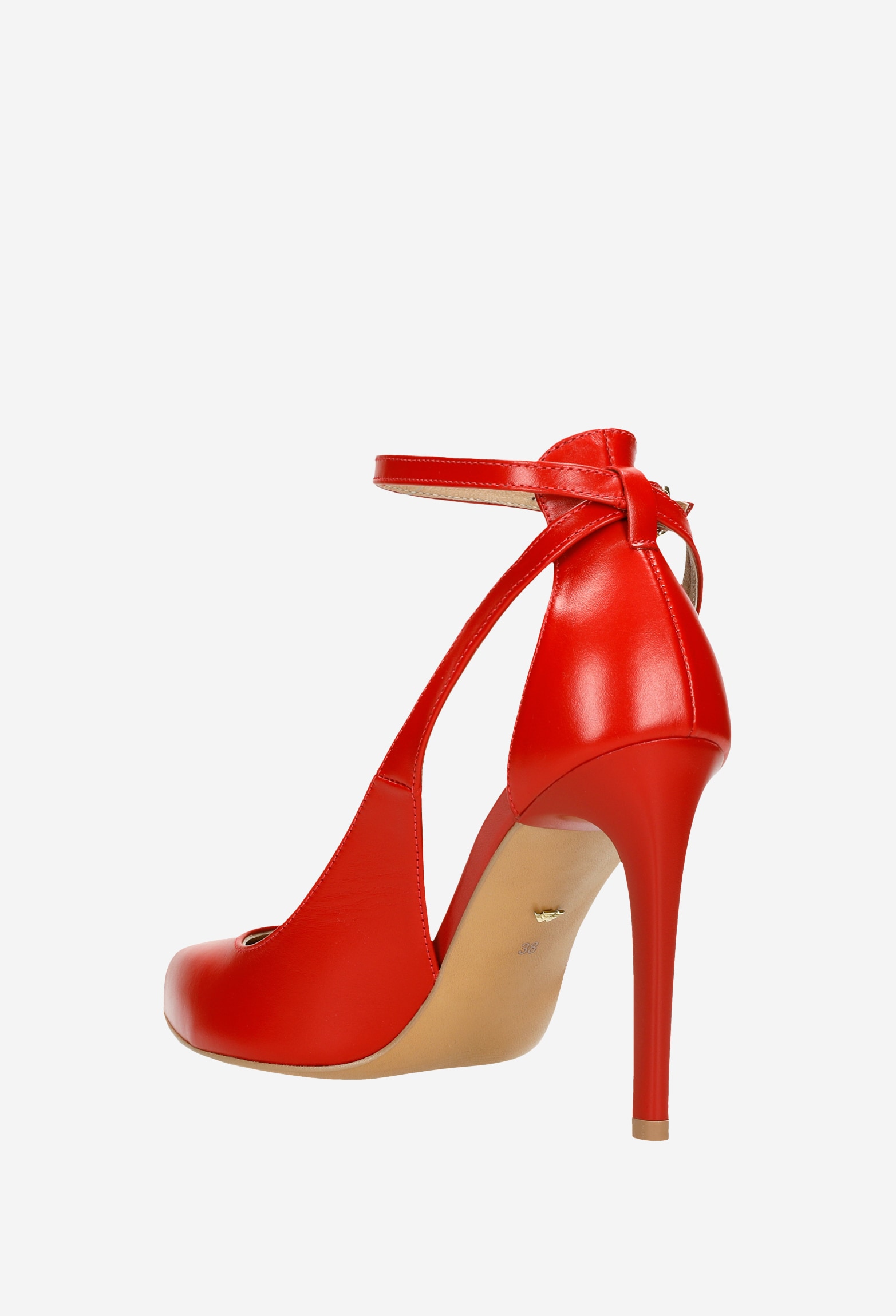 Czerwone szpilki damskie ze skóry licowej z ozdobnym kryształkiem