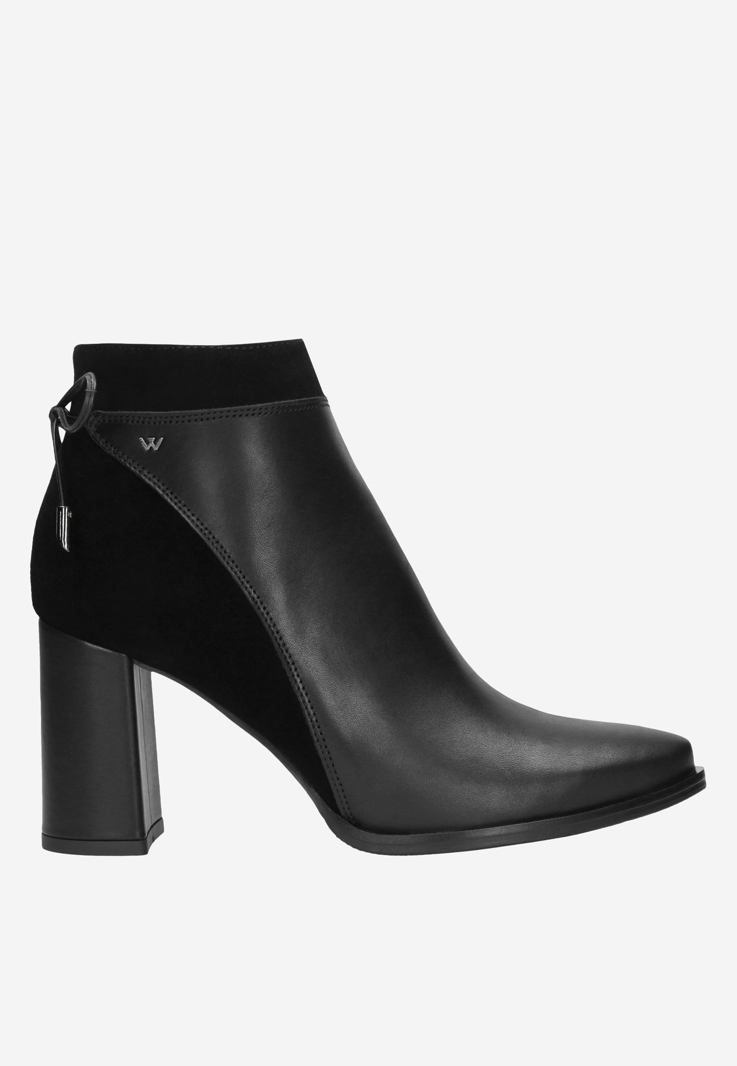 Stylowe botki damskie na wysokim słupku ze skóry licowej i welurowej