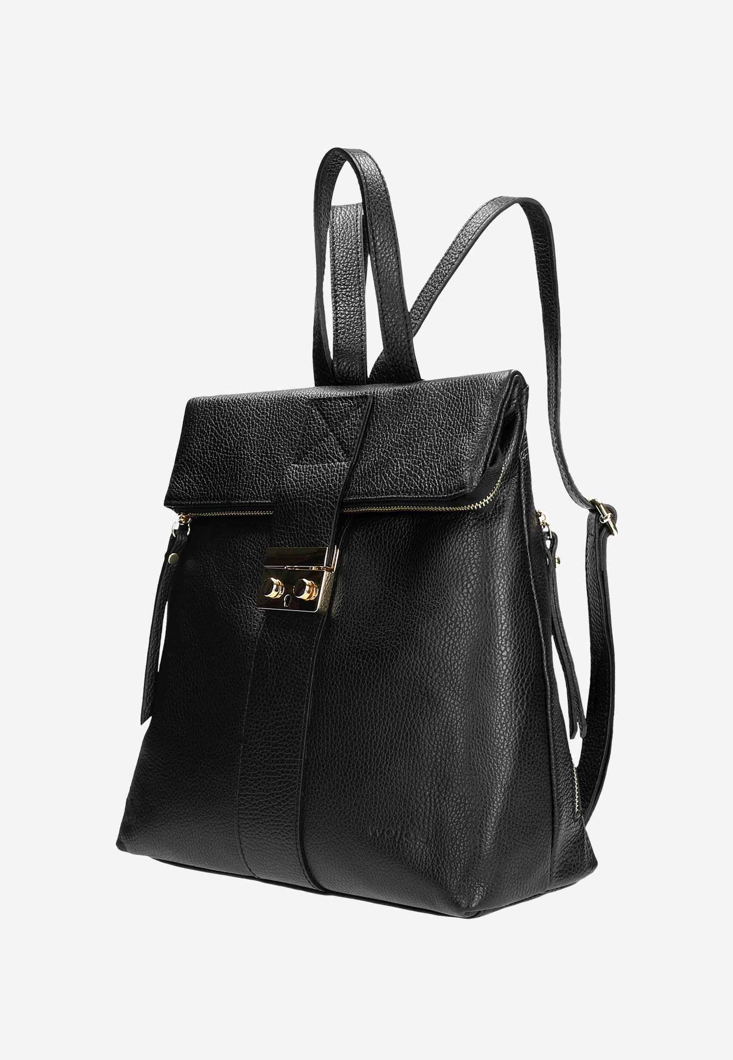 Czarny skórzany plecak damski ze złotymi, metalowymi elementami