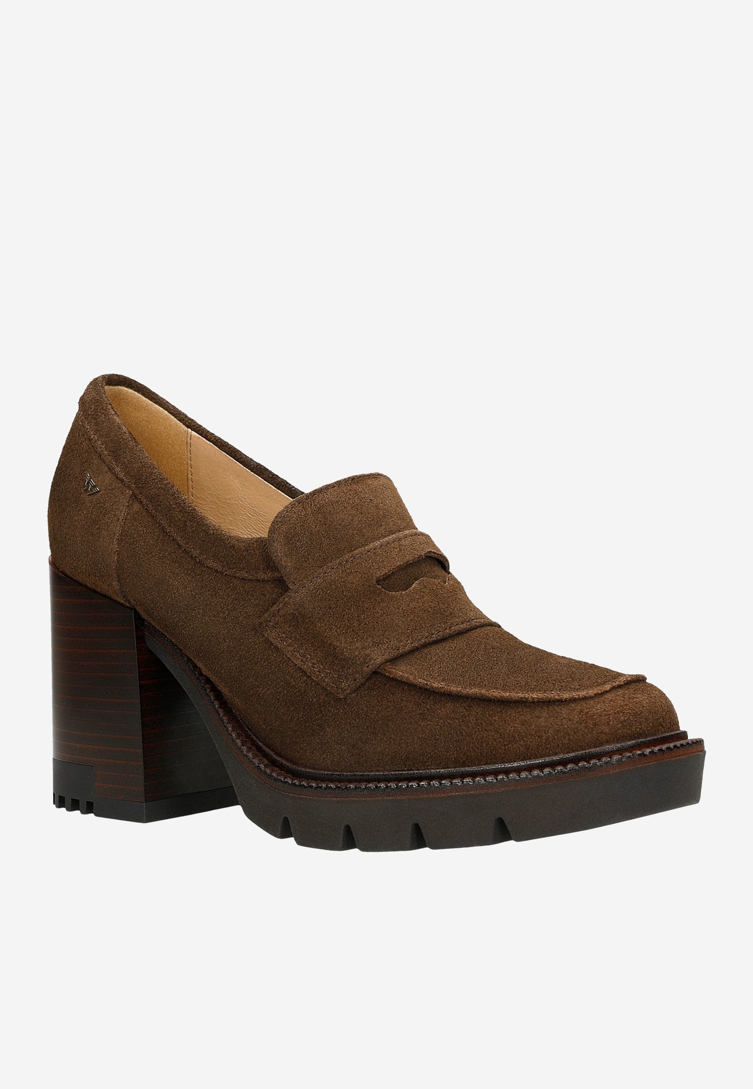 Czarne mokasyny damskie na wysokim obcasie i podeszwie z bieżnikiem