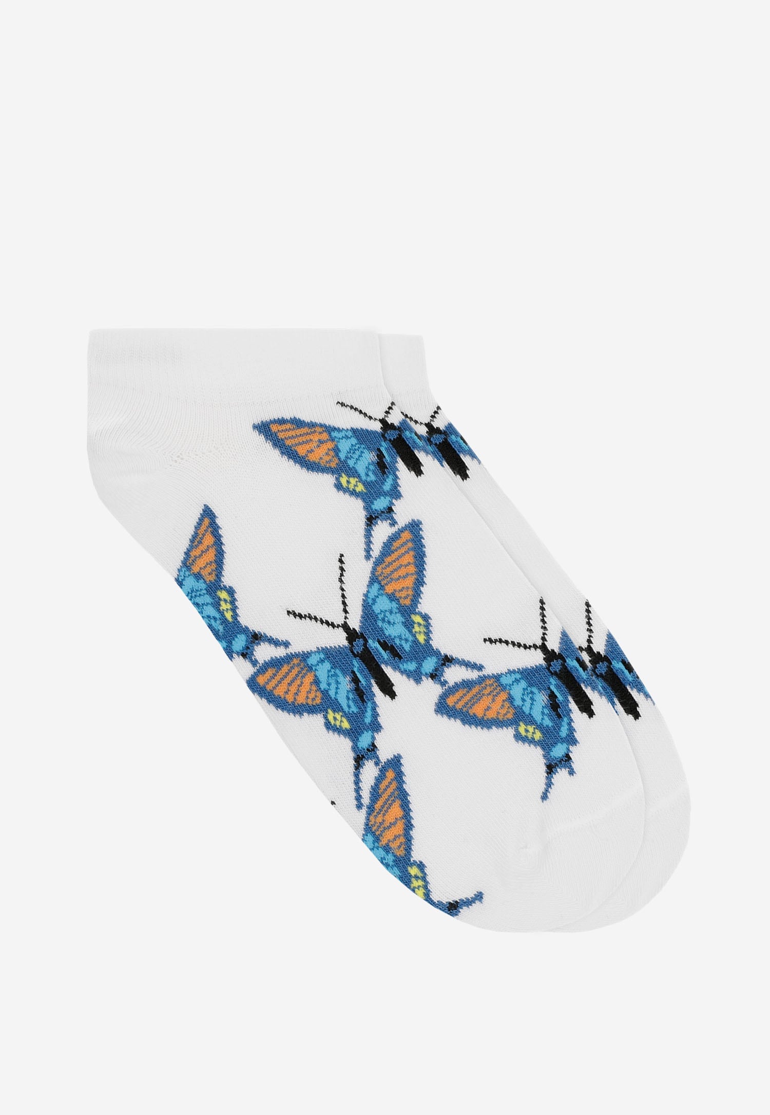 Białe stopki z motywem niebieskich motyli