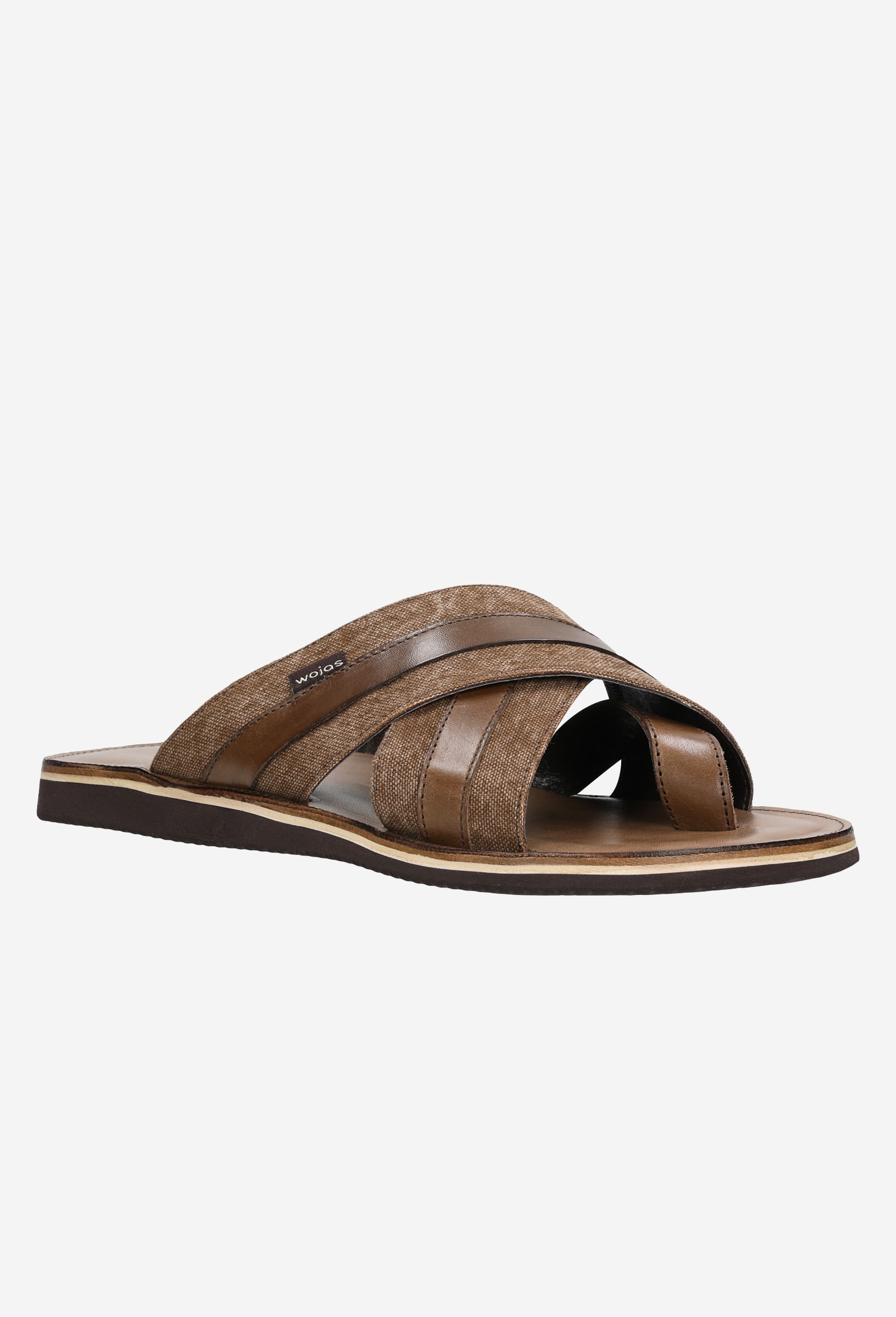 Jasnobrązowe klapki męskie z paskami materiałowymi i skórzanymi