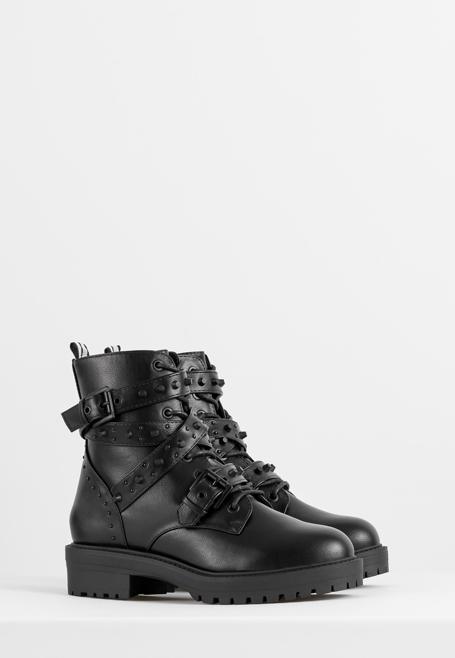 WJS czarne trzewiki damskie z ozdobnymi paskami