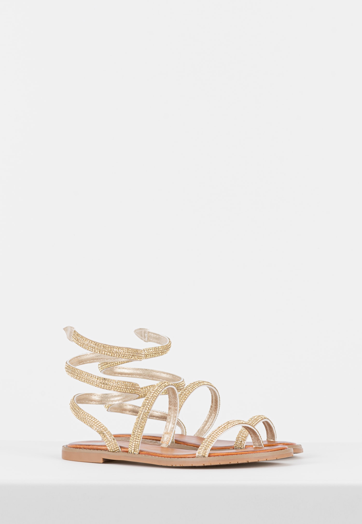 WJS płaskie sandały ze sprężyną z kryształkami wokół łydki