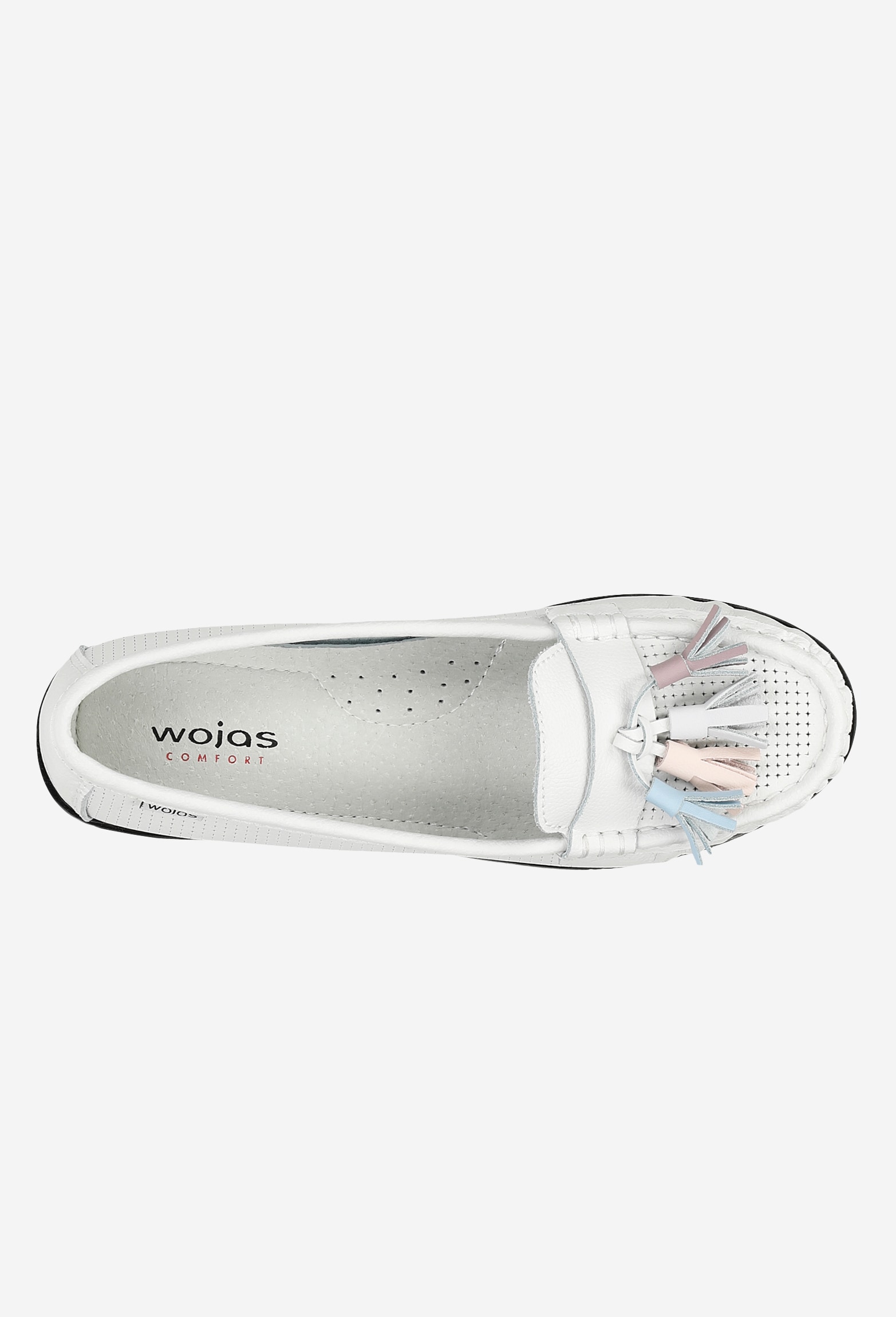 Białe mokasyny damskie z kolorowymi frędzelkami