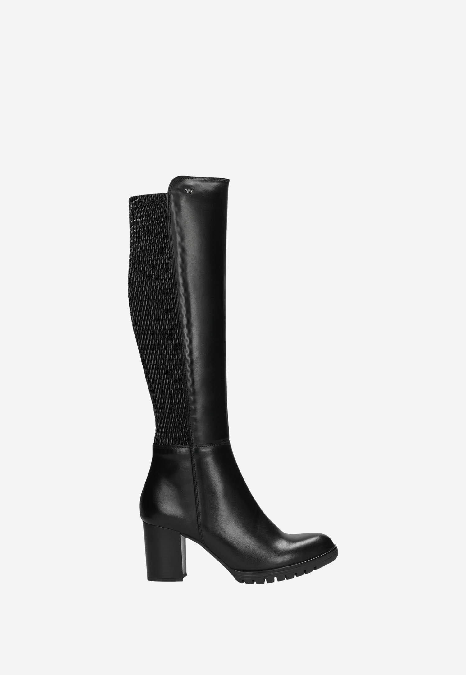 Czarne ocieplane kozaki damskie na szerokim obcasie