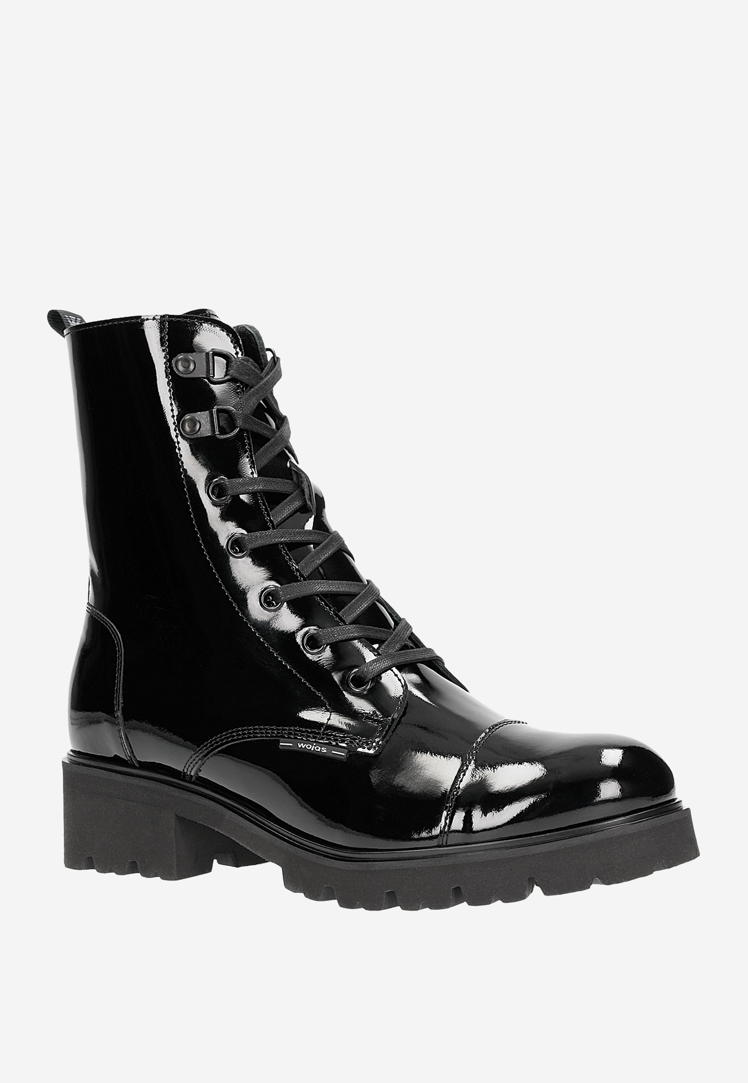 Czarne lakierowane trzewiki damskie typu biker boots