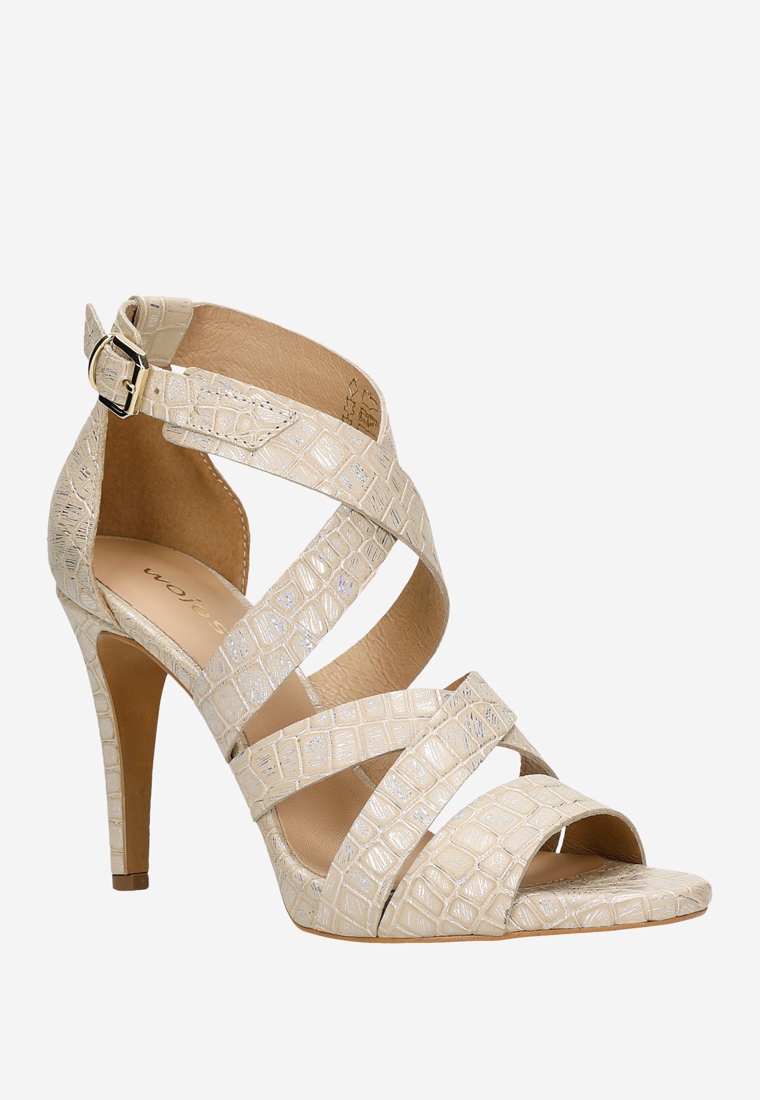 Oryginalne beżowe sandały na szpilce ze srebrnymi przetarciami