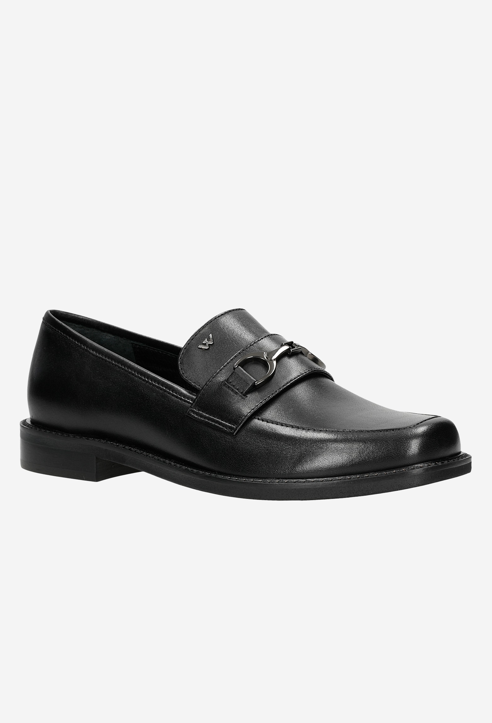 Czarne lakierowane mokasyny damskie ze złotą ozdobą