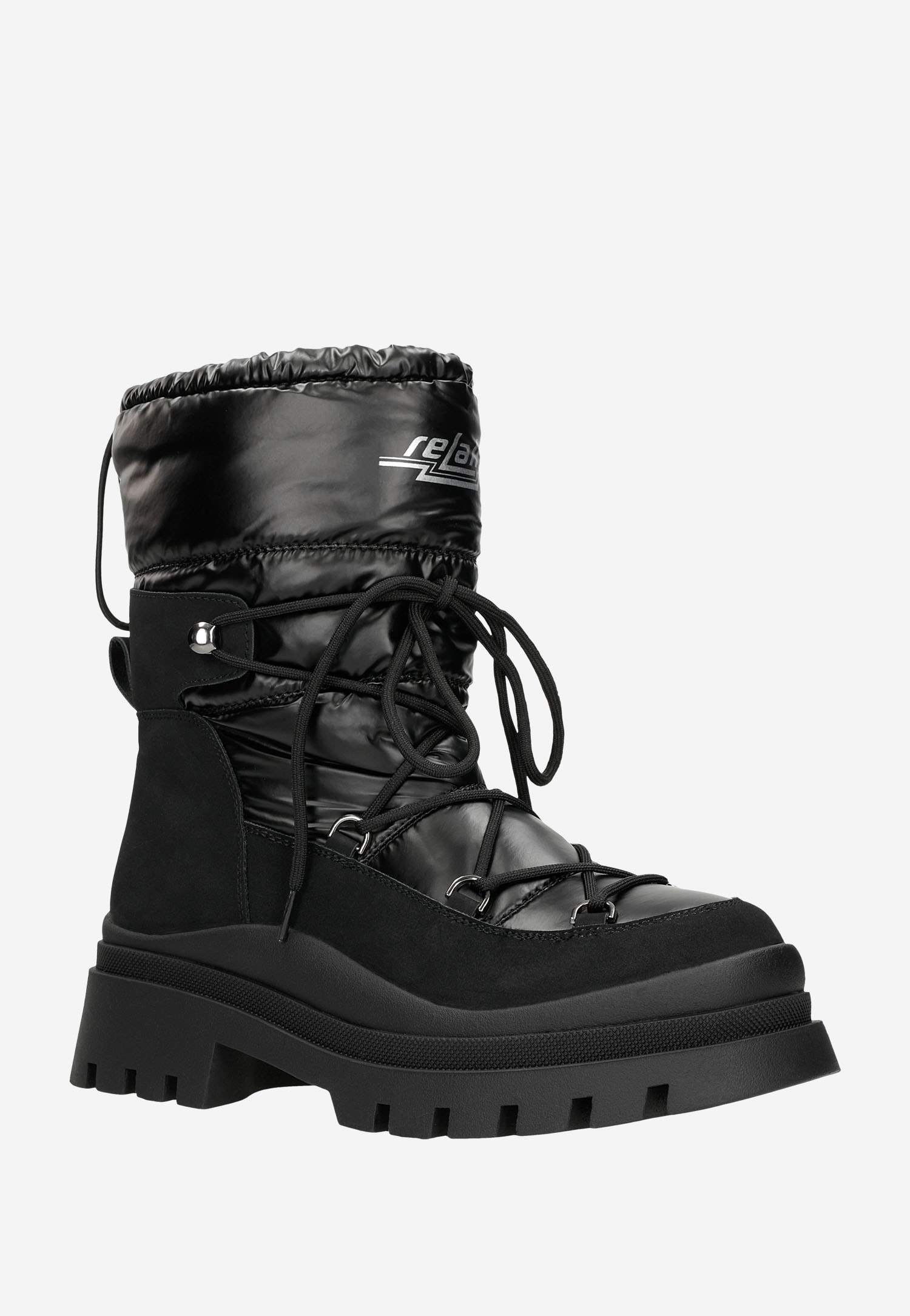 RELAKS czarne Śniegowce damskie z połączenia skóry i ortalionu