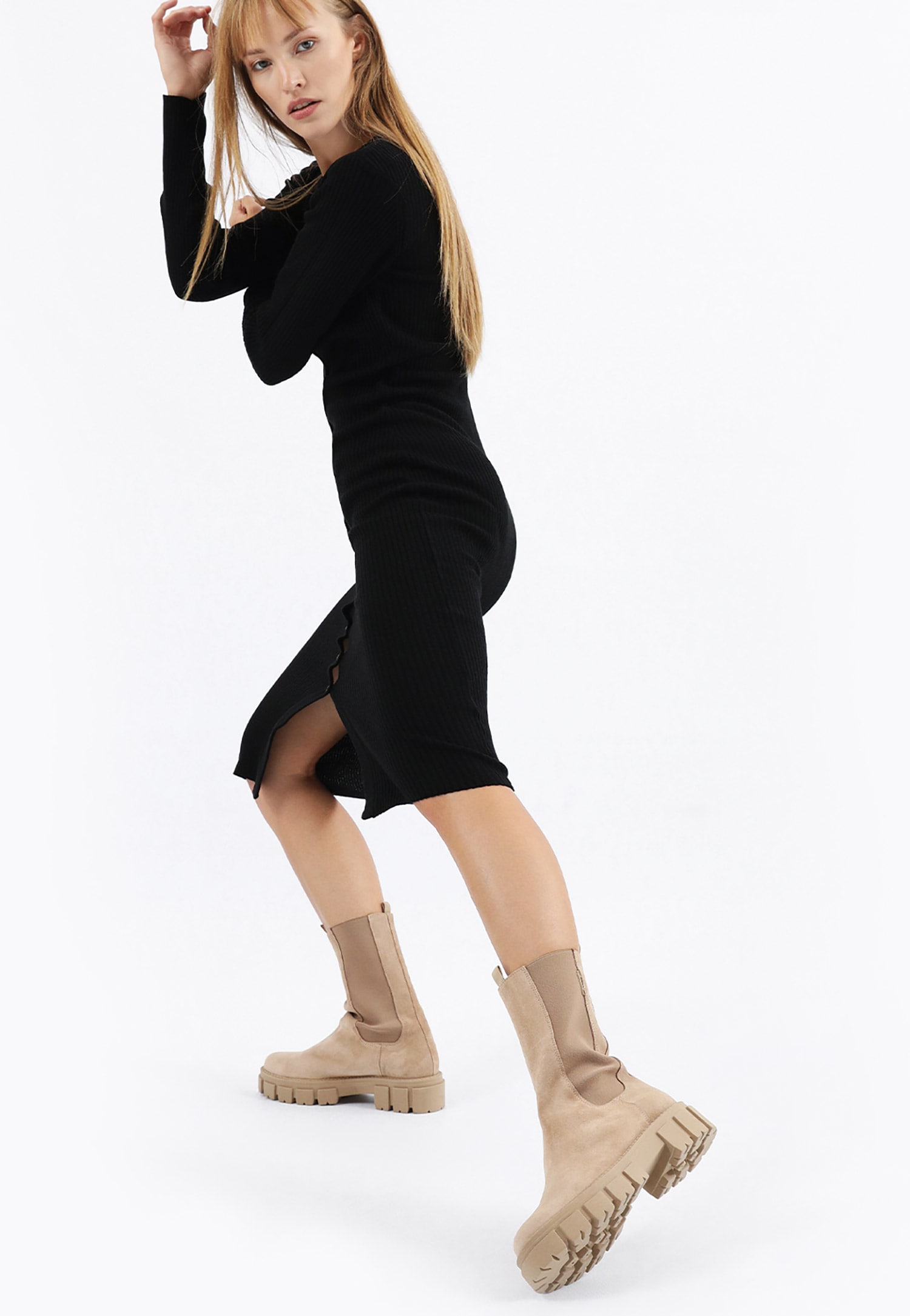 Beżowe sztyblety damskie z wysoką cholewką