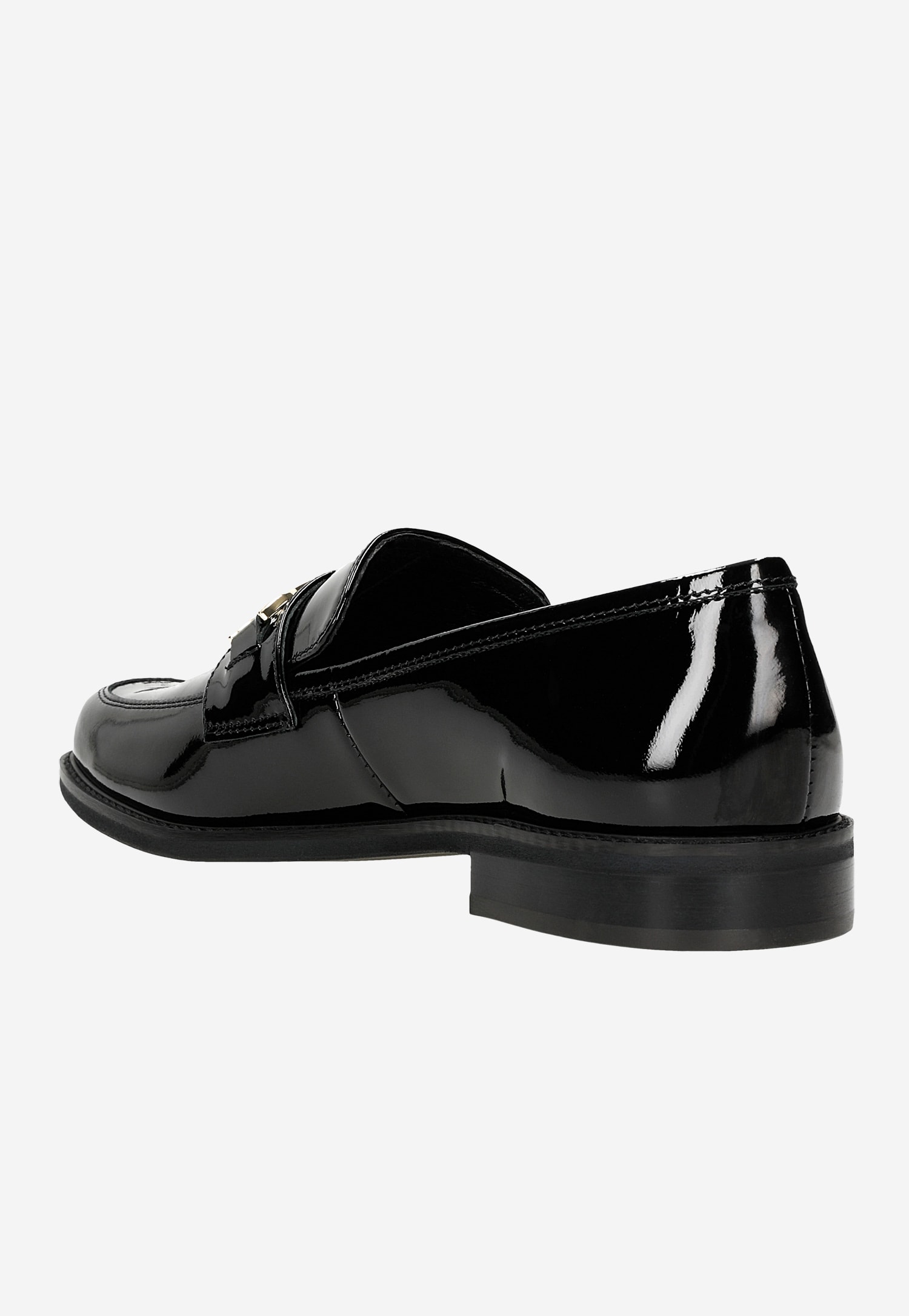 Czarne lakierowane mokasyny damskie ze złotą ozdobą