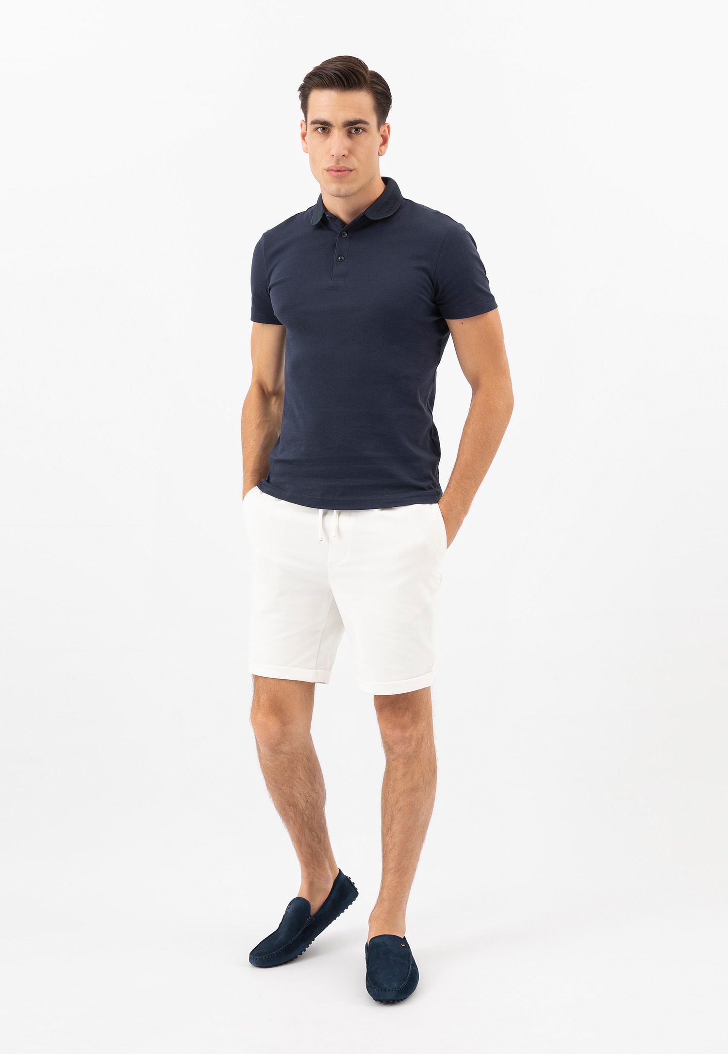 Granatowe skórzane mokasyny męskie typu car shoes